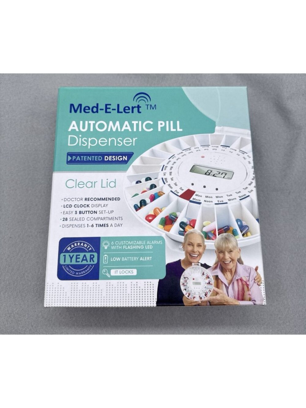 Med-E-Lert Automatic Pill Dispenser Clear Lid Locking Alarm LCD Timer 28 Slot